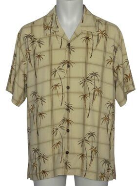 Joseph & Feiss Silk Hawaiian Camp Shirt Button Front Top Palm Plaid Beige L